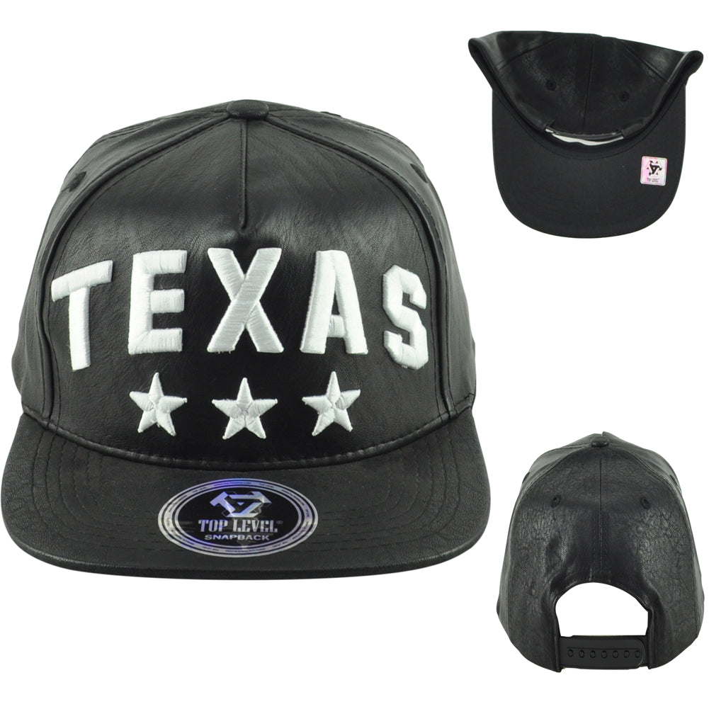 Top Level Texas State Black White Flat Bill Leather Adult Stars Snapback Hat Cap