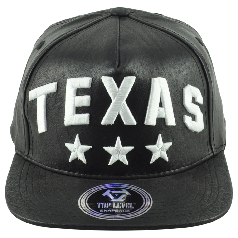 Top Level Texas State Black White Flat Bill Leather Adult Stars Snapback Hat Cap