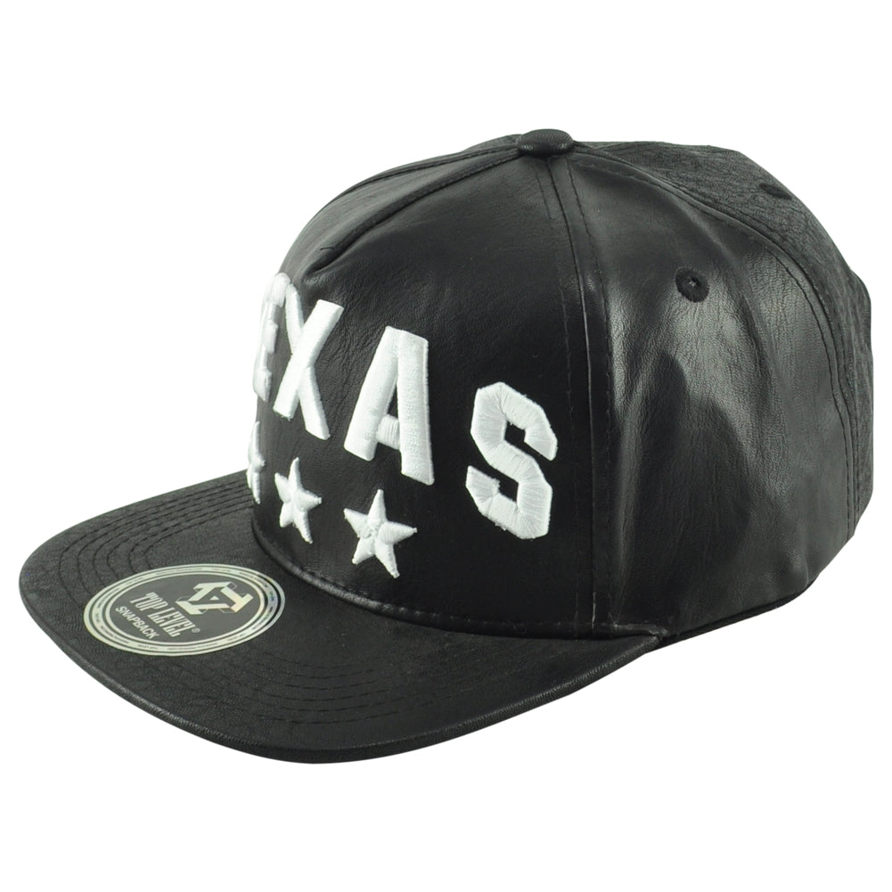 Top Level Texas State Black White Flat Bill Leather Adult Stars Snapback Hat Cap