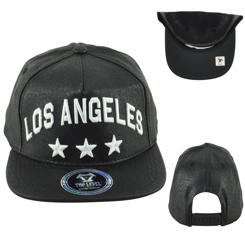 Top Level Los Angeles California Black White Flat Bill Leather Snapback Hat Cap