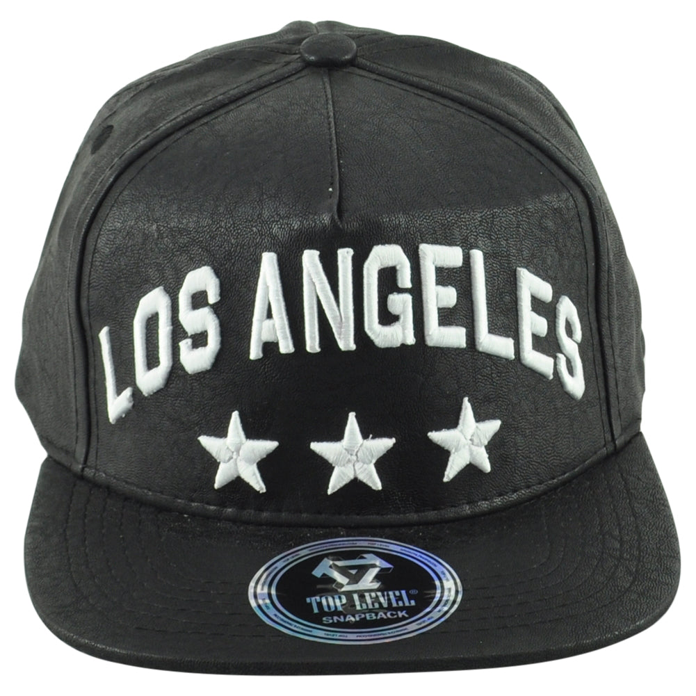 Top Level Los Angeles California Black White Flat Bill Leather Snapback Hat Cap