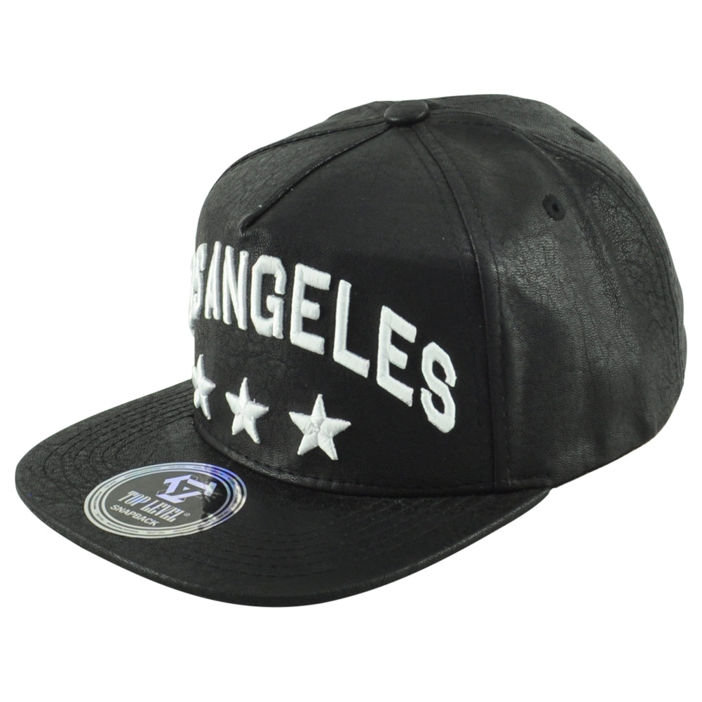 Top Level Los Angeles California Black White Flat Bill Leather Snapback Hat Cap