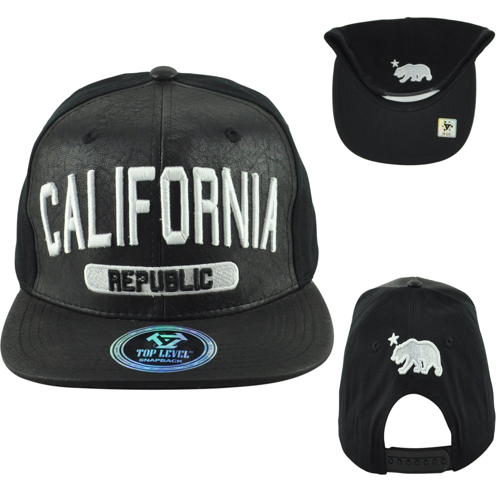 Top Level Cali California Republic Bear Black Flat Bill Leather Snapback Hat Cap