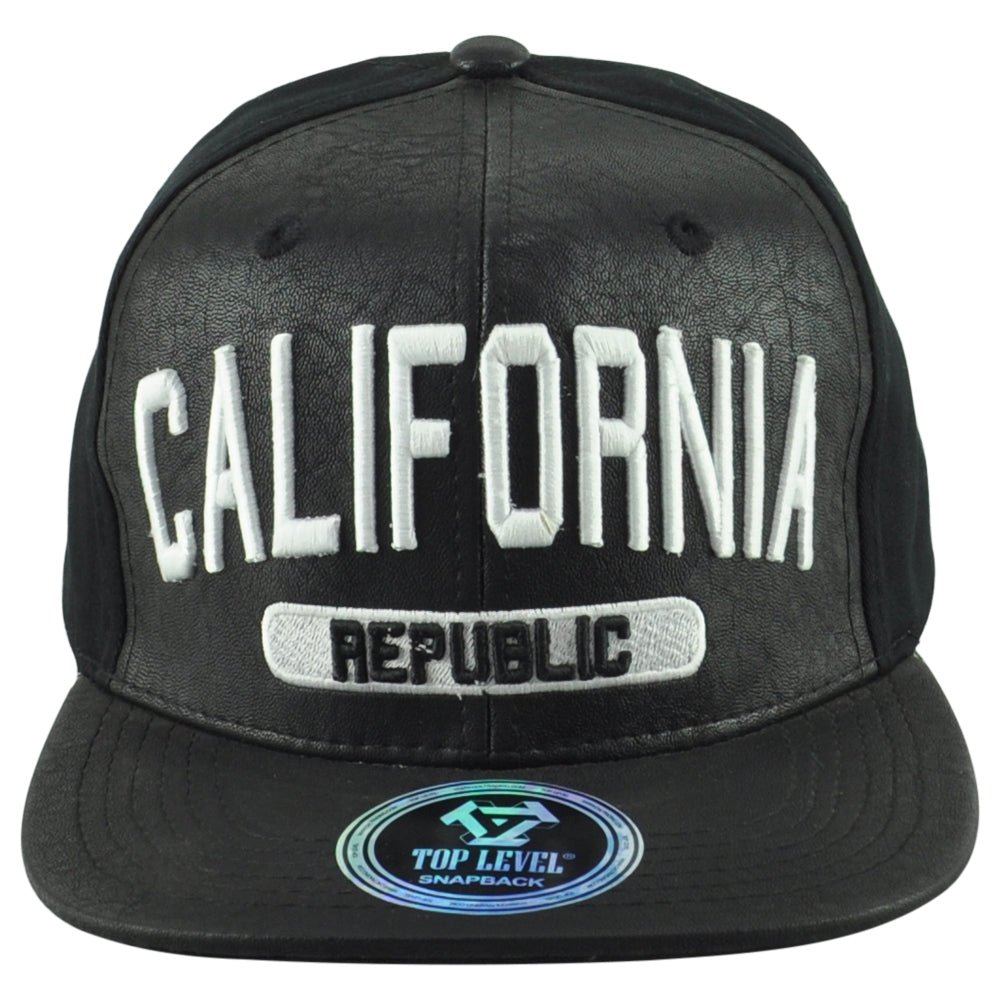 Top Level Cali California Republic Bear Black Flat Bill Leather Snapback Hat Cap