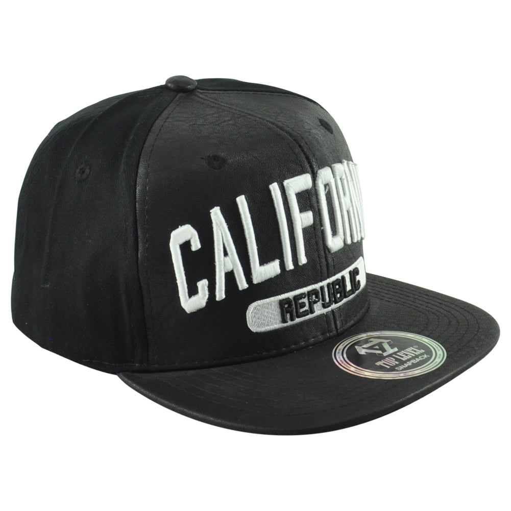 Top Level Cali California Republic Bear Black Flat Bill Leather Snapback Hat Cap