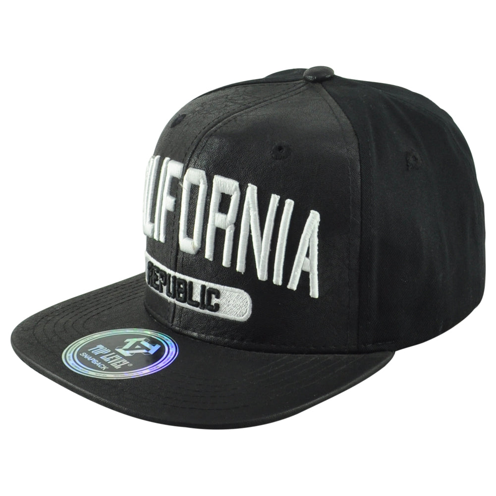 Top Level Cali California Republic Bear Black Flat Bill Leather Snapback Hat Cap