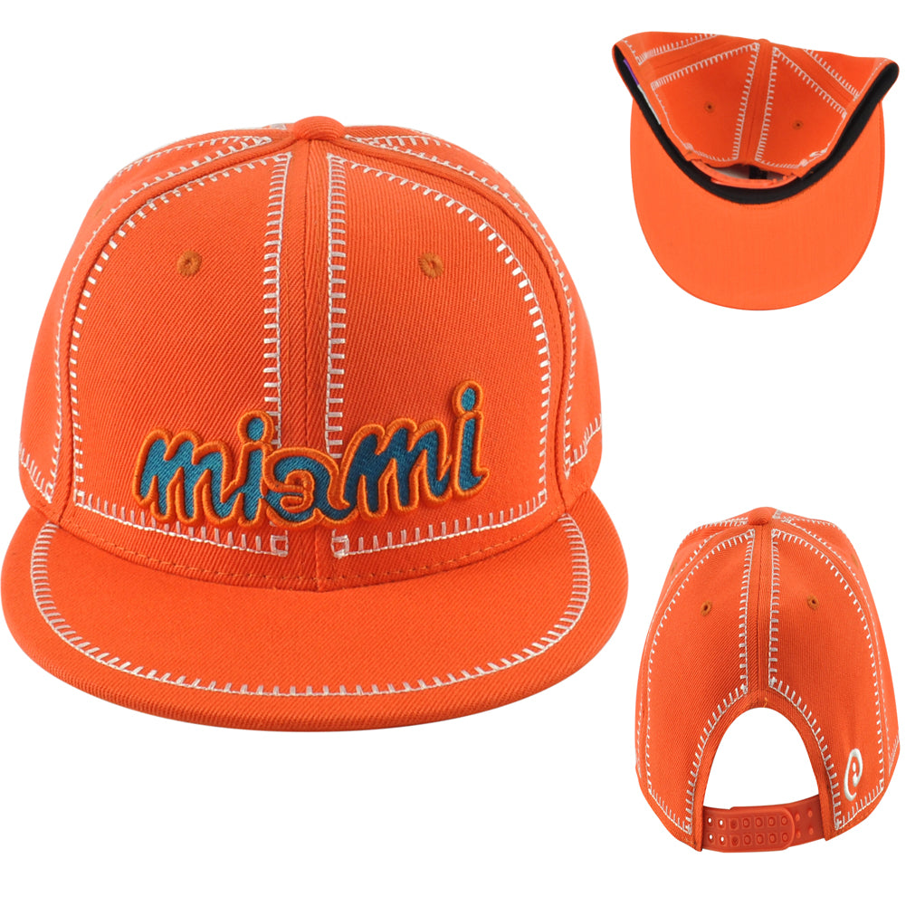 Icon Cap Miami City Florida State Orange Stitch Adult Flat Bill Snapback Hat Cap