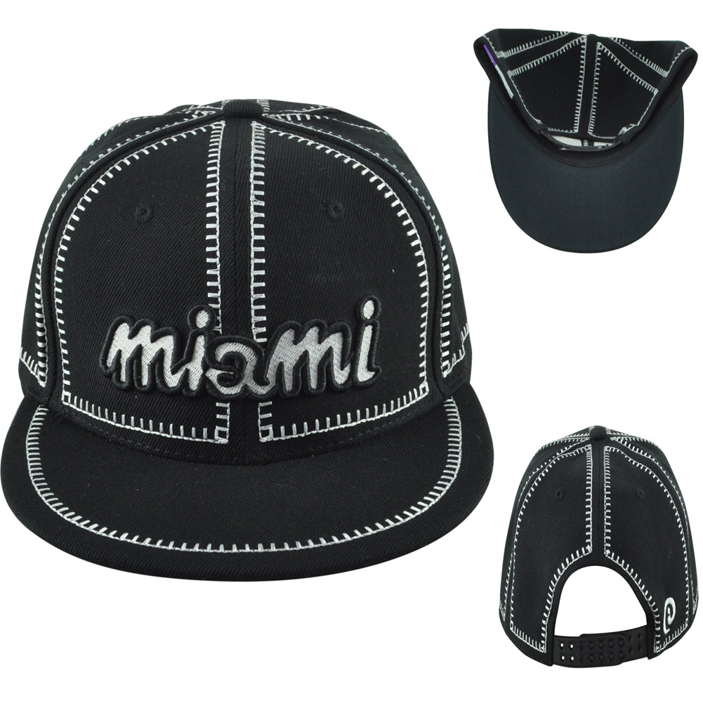Icon Cap Miami City Florida State Black Stitch Adults Flat Bill Snapback Hat Cap