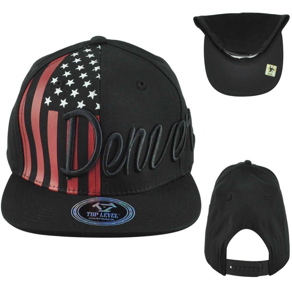 Top Level Denver City Colorado State Stripes Stars Snapback Adults Black Hat Cap