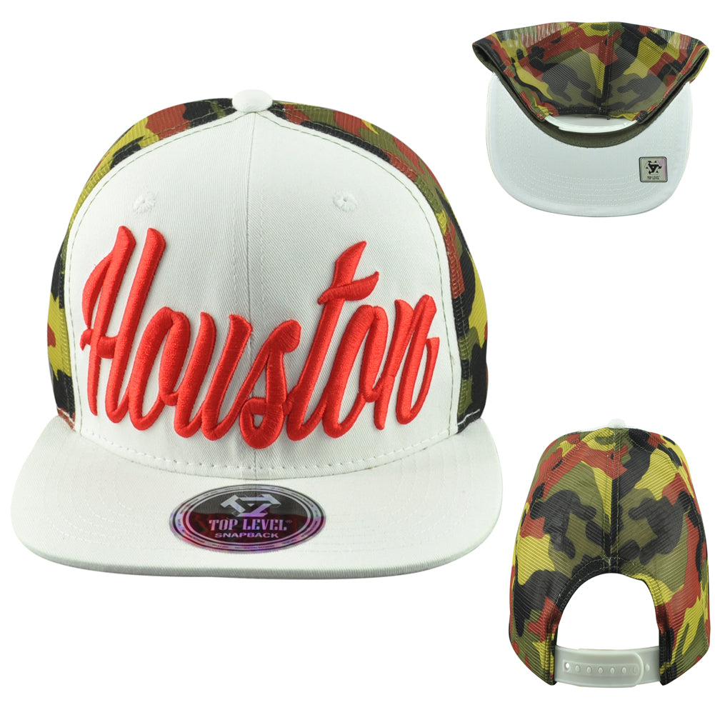Top Level Houston City Texas State Camouflage Trucker Mesh Men Snapback Hat Cap