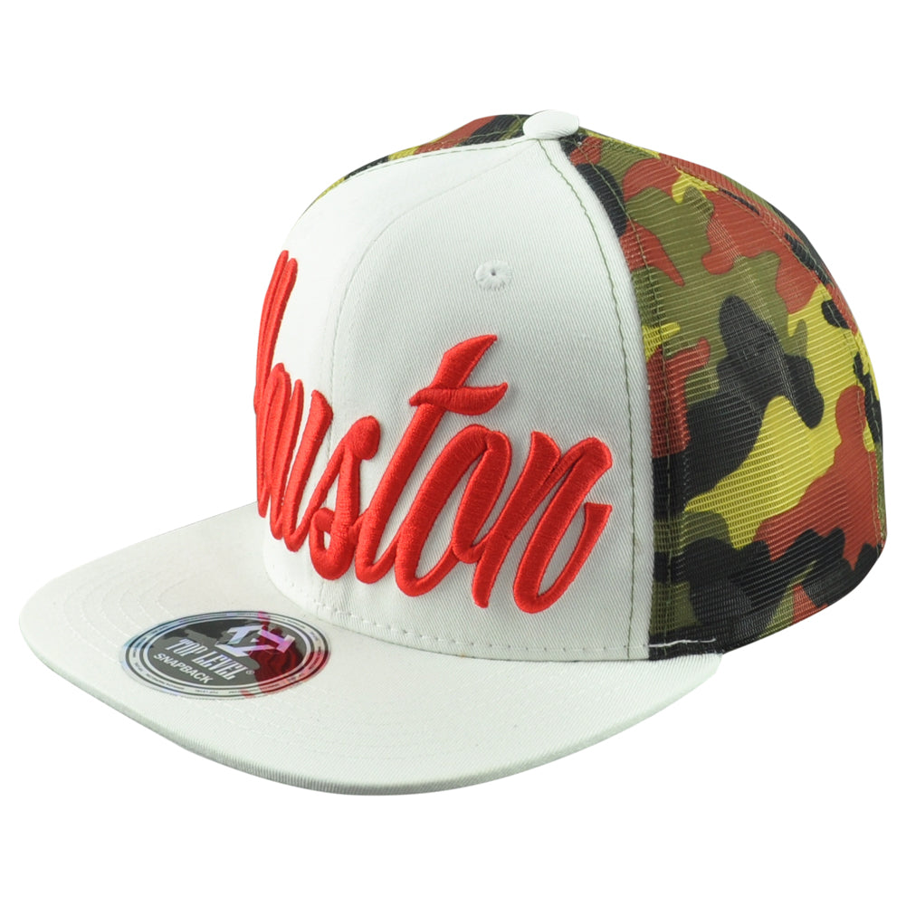Top Level Houston City Texas State Camouflage Trucker Mesh Men Snapback Hat Cap