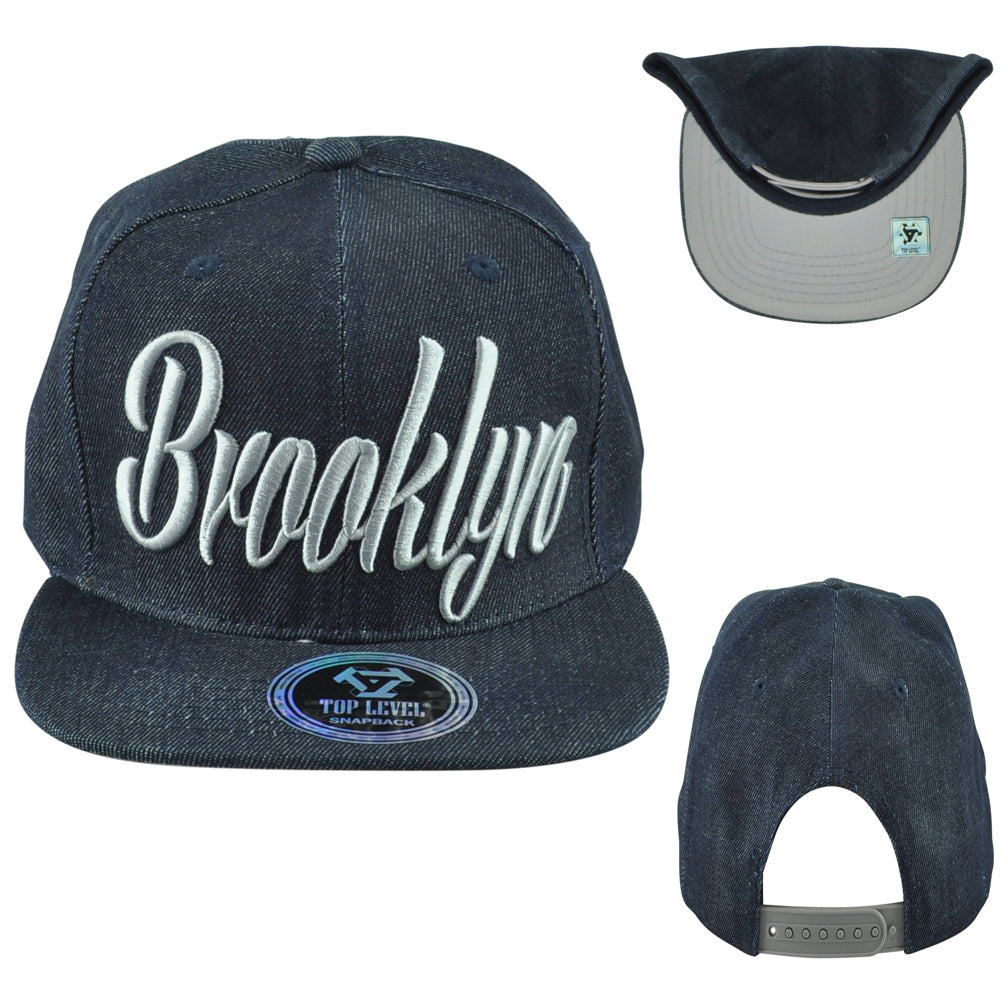 Top Level Brooklyn City New York State Denim Flat Bill Adults Snapback Hat Cap