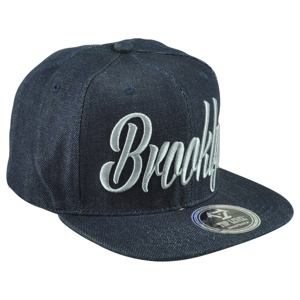 Top Level Brooklyn City New York State Denim Flat Bill Adults Snapback Hat Cap