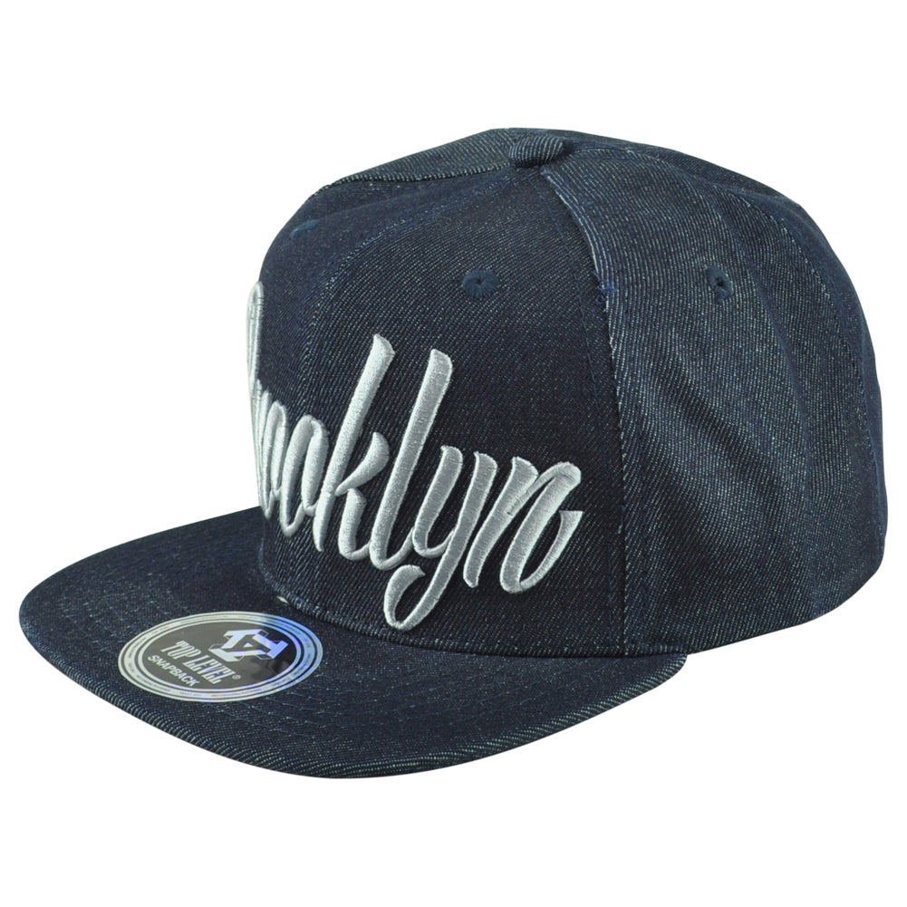 Top Level Brooklyn City New York State Denim Flat Bill Adults Snapback Hat Cap