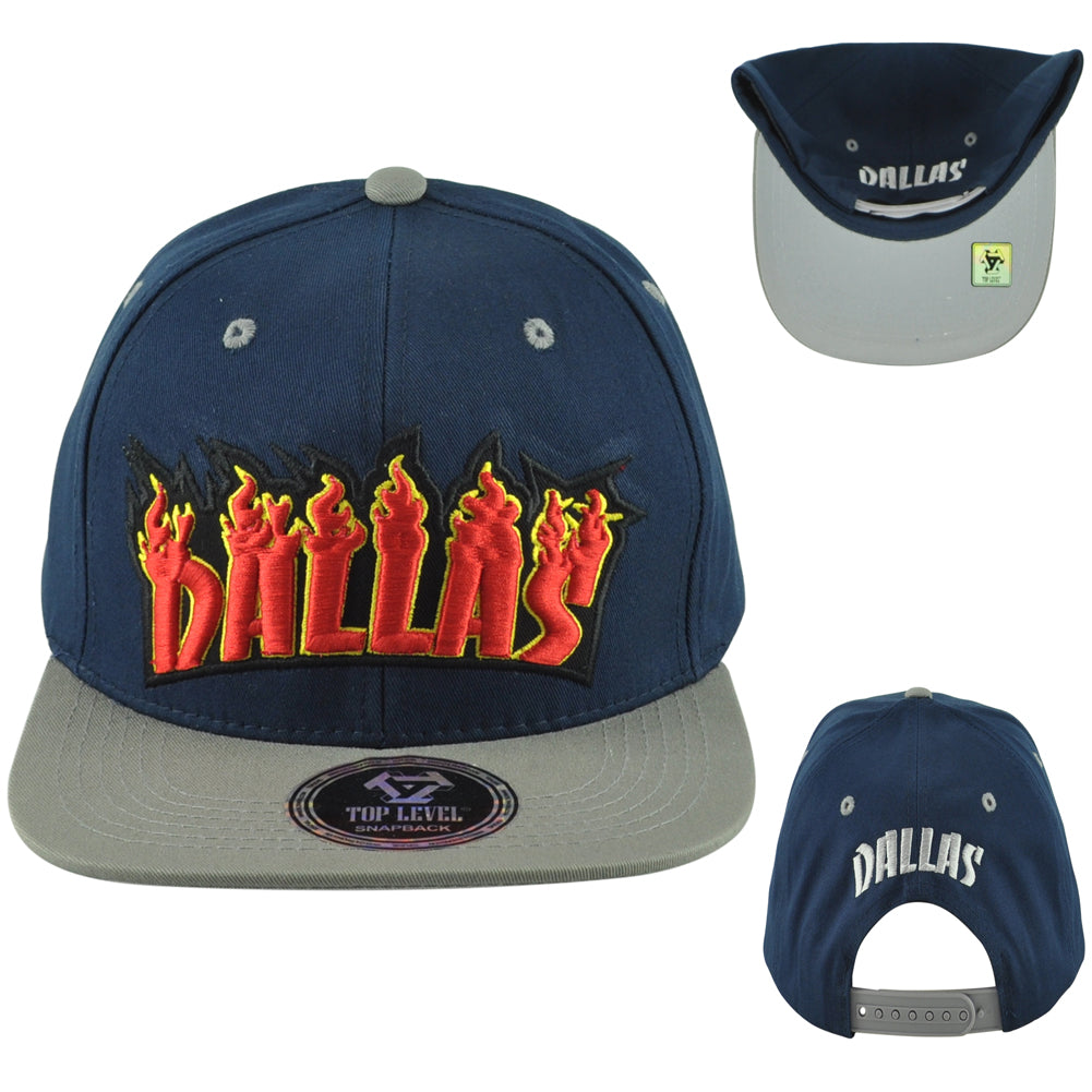 Top Level Dallas City Texas State Navy Gray Adults Fire Flames Snapback Hat Cap