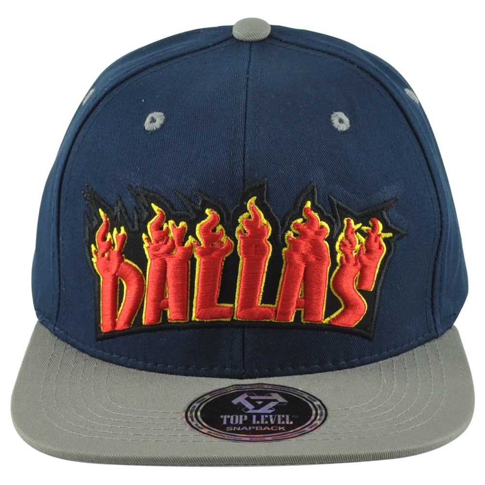 Top Level Dallas City Texas State Navy Gray Adults Fire Flames Snapback Hat Cap