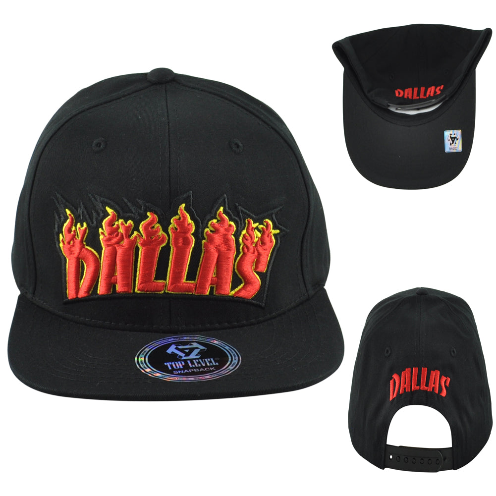 Top Level Dallas City Texas State Black Adults Men Fire Flames Snapback Hat Cap