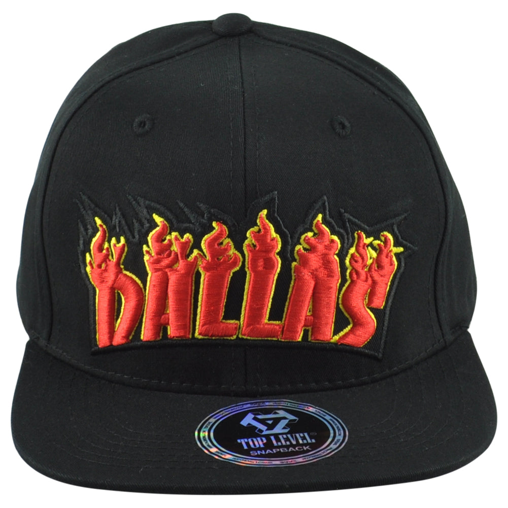 Top Level Dallas City Texas State Black Adults Men Fire Flames Snapback Hat Cap