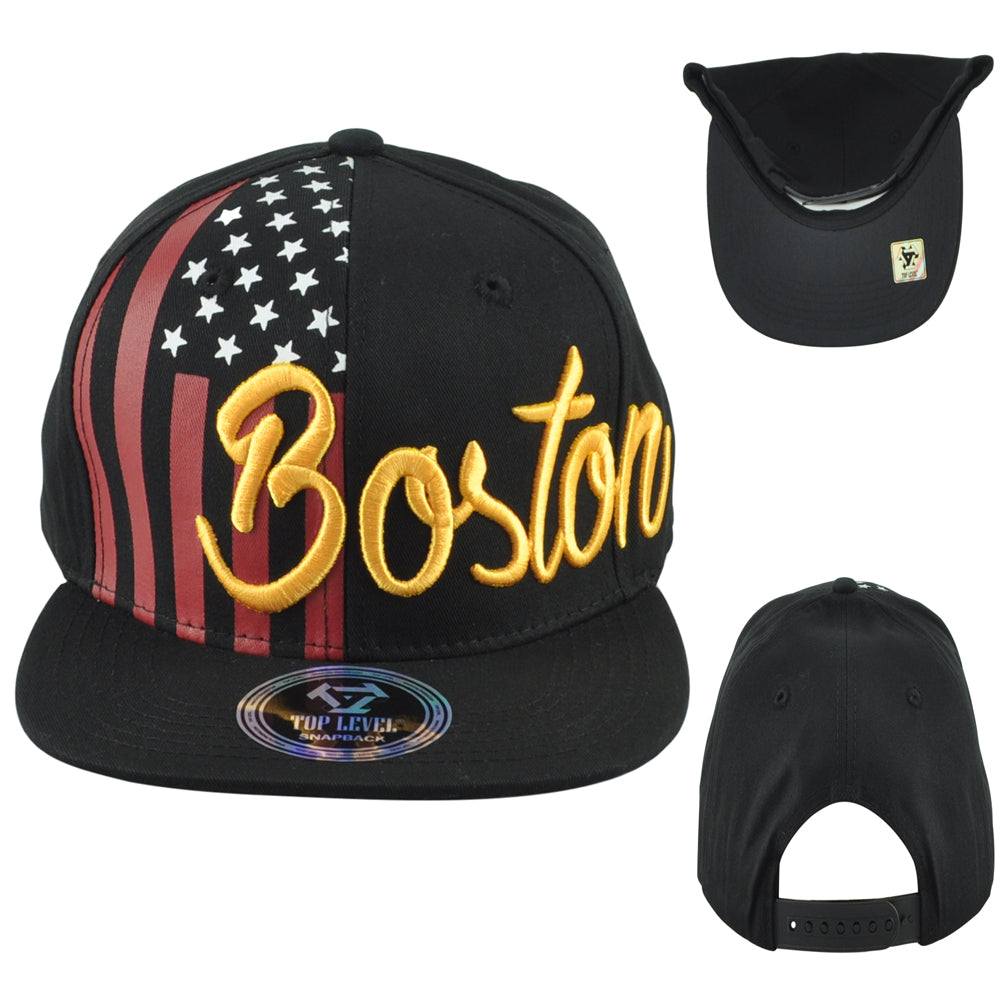 Top Level Boston City Massachusetts State Stripes Stars Adults Snapback Hat Cap