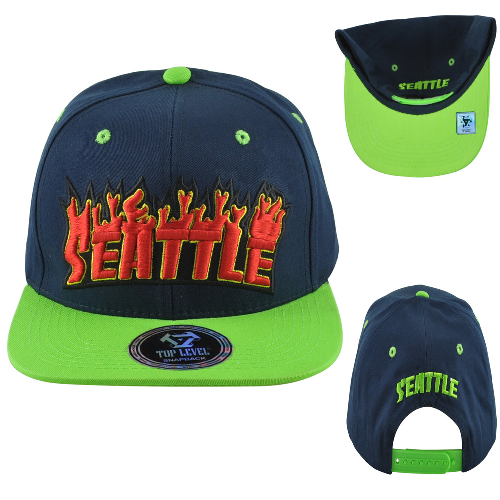 Top Level Seattle City Washington State Adults Fire Flames Snapback Hat Cap