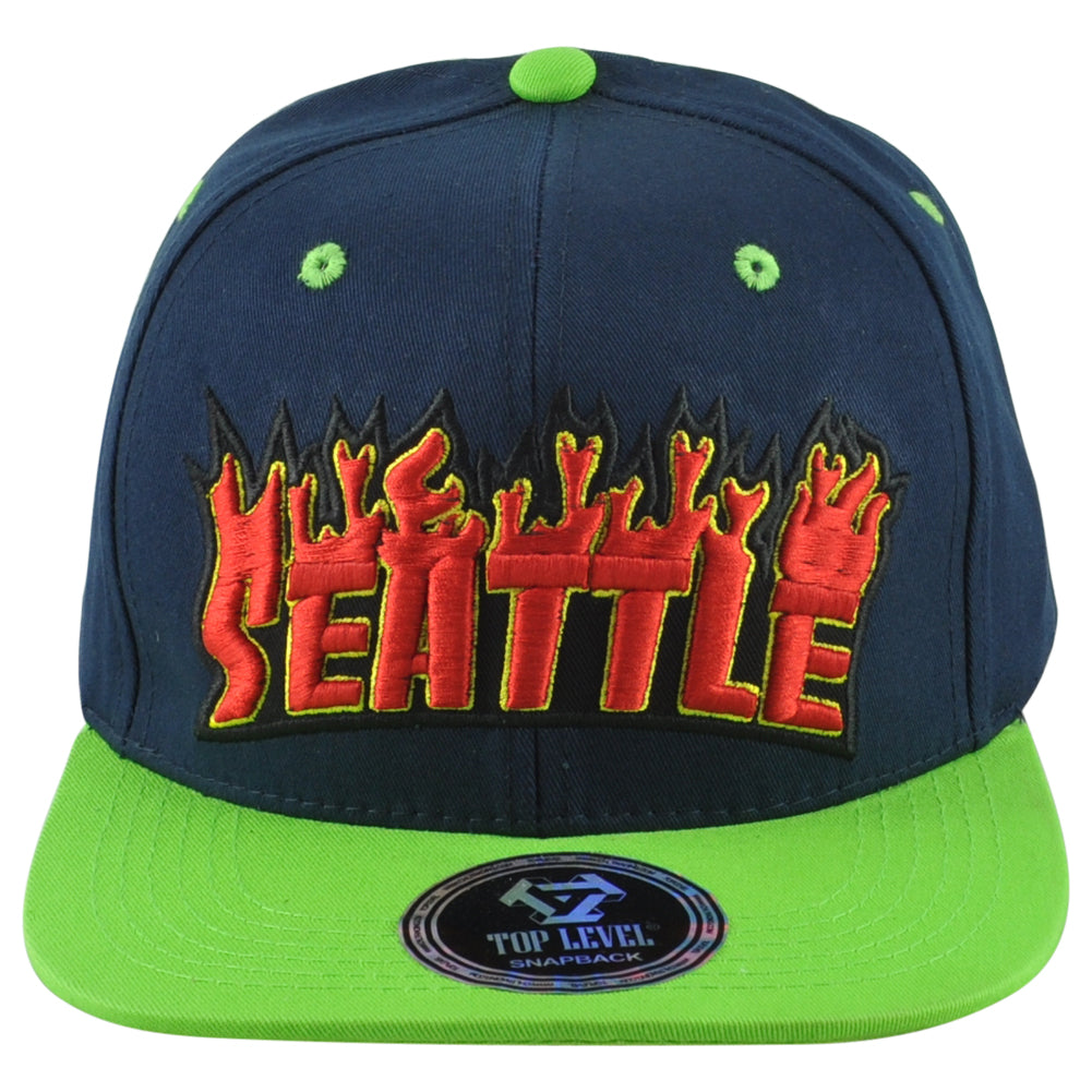 Top Level Seattle City Washington State Adults Fire Flames Snapback Hat Cap