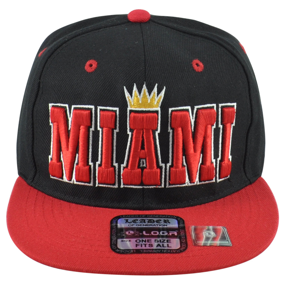 Leader Miami City Florida State King Crown Black Red Flat Bill Snapback Hat Cap