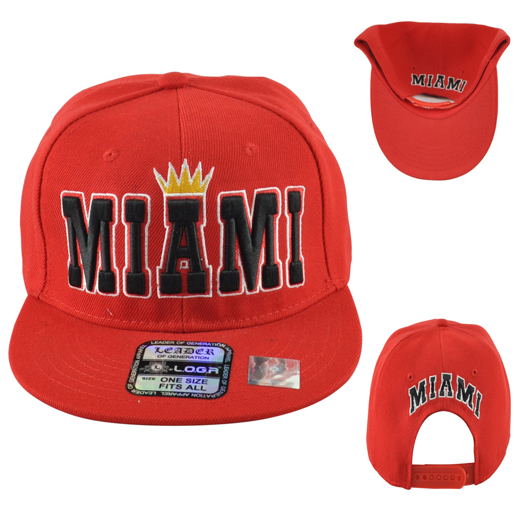 Leader Miami City Florida State King Crown Red Adults Flat Bill Snapback Hat Cap