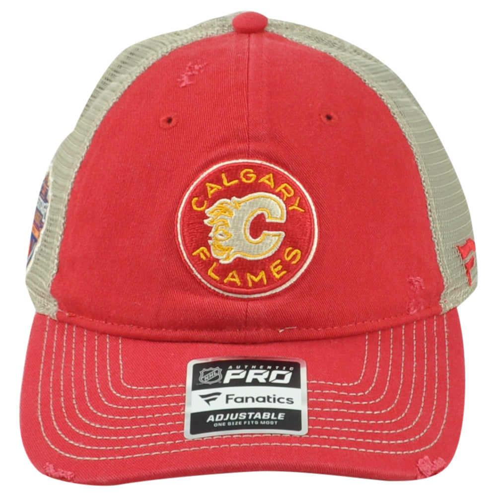 NHL Fanatics Authentic Pro Calgary Flames Adults Distressed Mesh Trucker Hat Cap