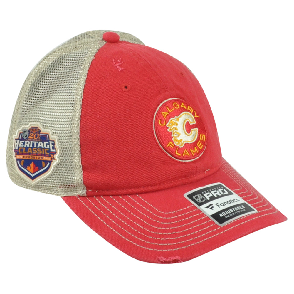 NHL Fanatics Authentic Pro Calgary Flames Adults Distressed Mesh Trucker Hat Cap