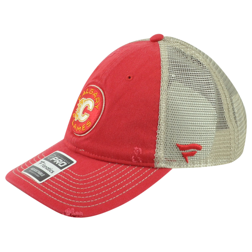 NHL Fanatics Authentic Pro Calgary Flames Adults Distressed Mesh Trucker Hat Cap