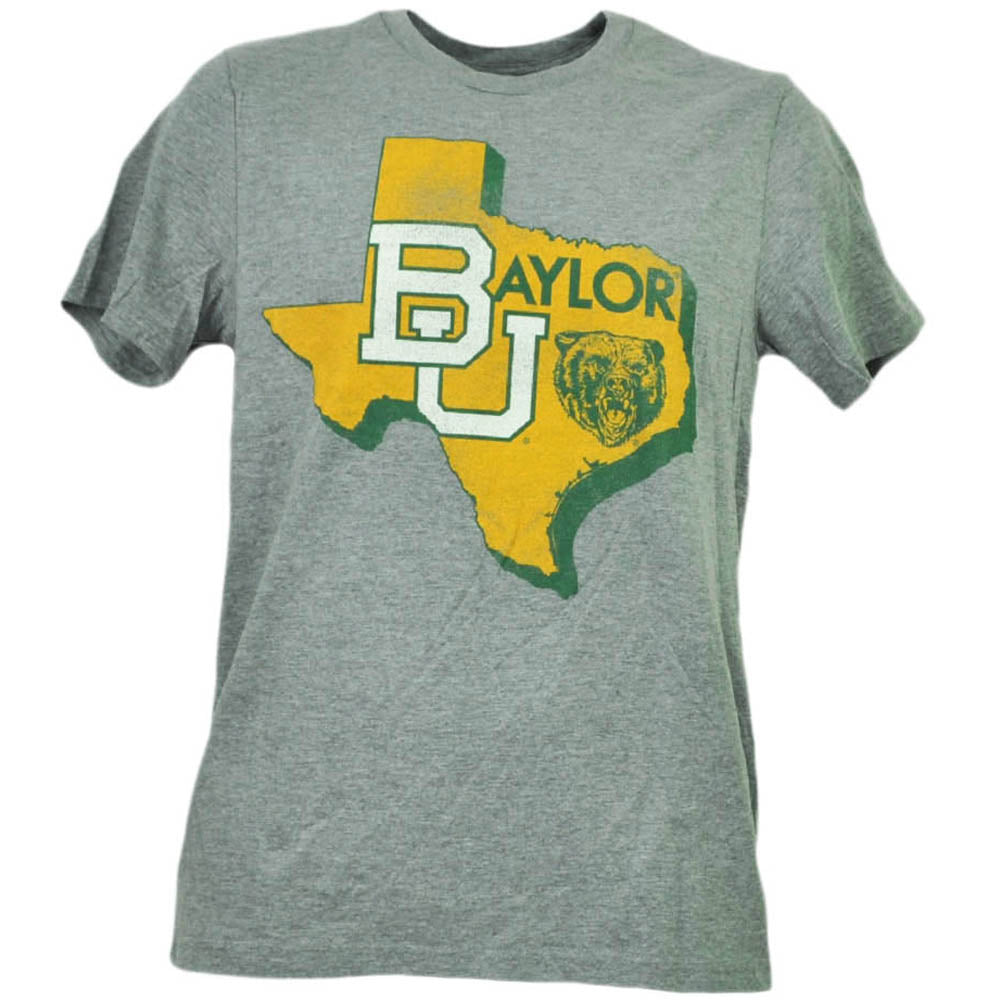 NCAA Baylor Bears State Map Logo Short Sleeve Crew Neck Gray Mens Adult Sports