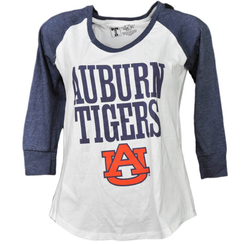 NCAA Auburn Tigers Mid Sleeve Tshirt Tee Womens White Navy Blue Crew Neck Sports
