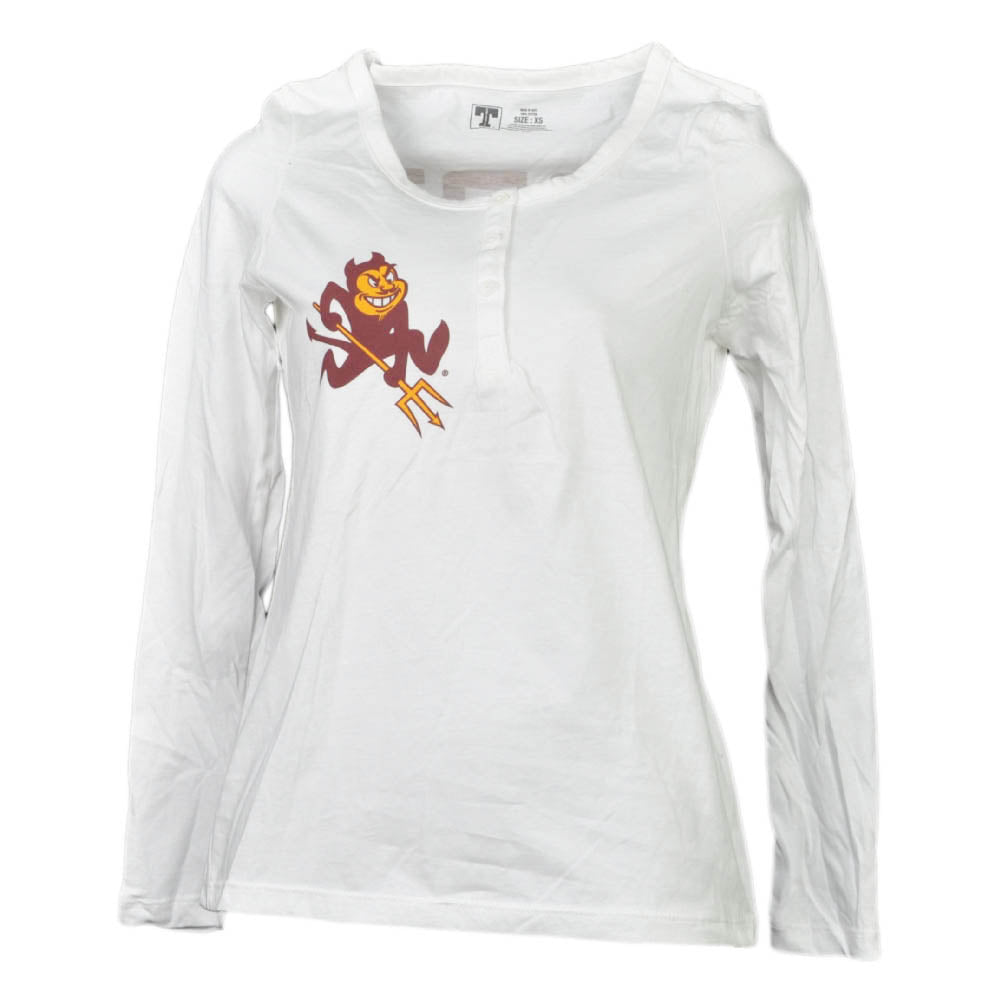 NCAA Arizona Sun Devils White Womens Long Sleeve Tshirt Button Crew Neck XSmall