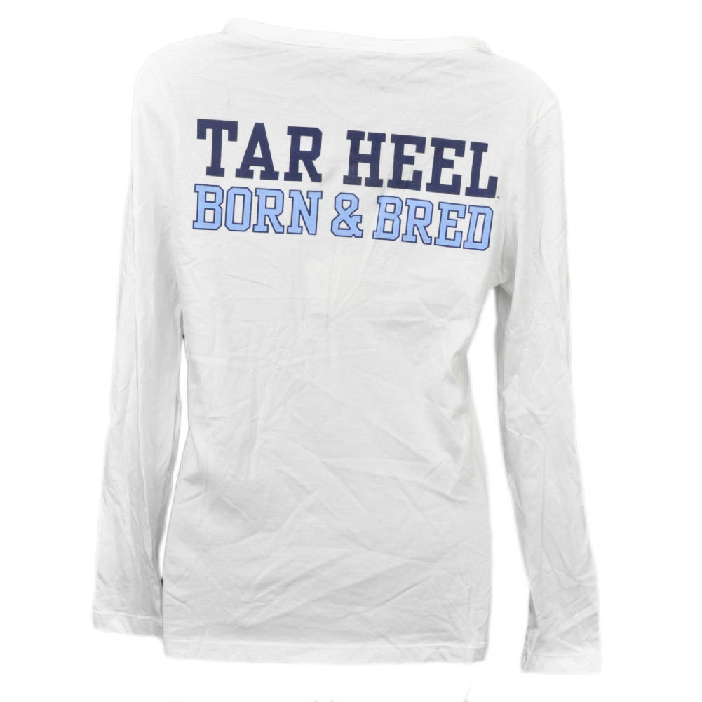 NCAA North Carolina Tar Heels White Womens Long Sleeve Henley Born and Bred Tee