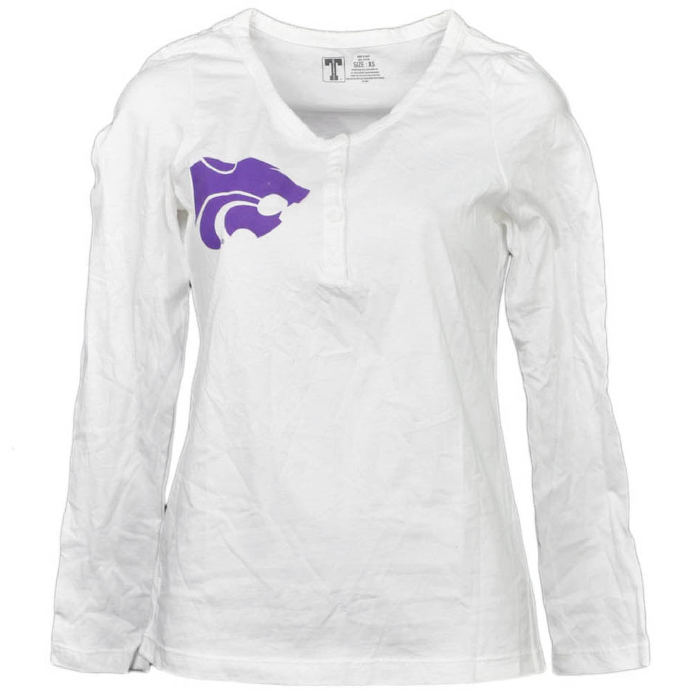 NCAA Kansas State Wildcats White Womens Long Sleeve Tshirt Button Crew Neck MED