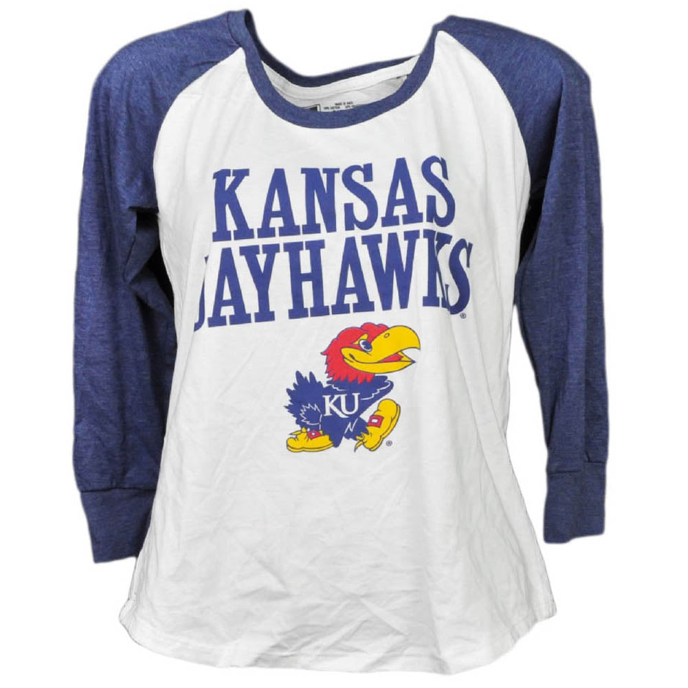 NCAA Kansas Jayhawks Mid Sleeve Tshirt Tee Womens White Blue Crew Neck Sports