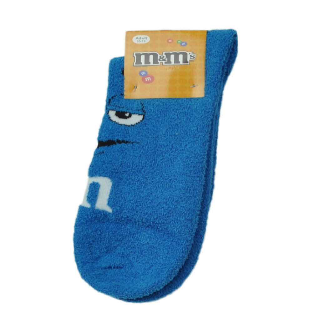 M&M Blue Character Face Soft Sock Adult 9-11 Ankle Novelty Candy Chocolate