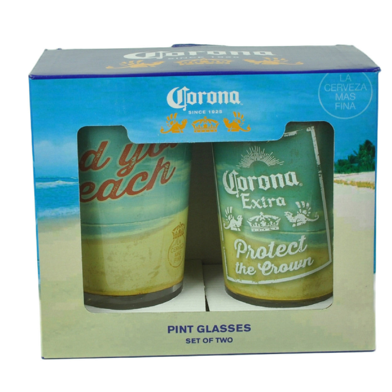 Corona Extra Find Your Beach Pint Glasses Set of 2 16oz Beer La Cerveza Mas Fina