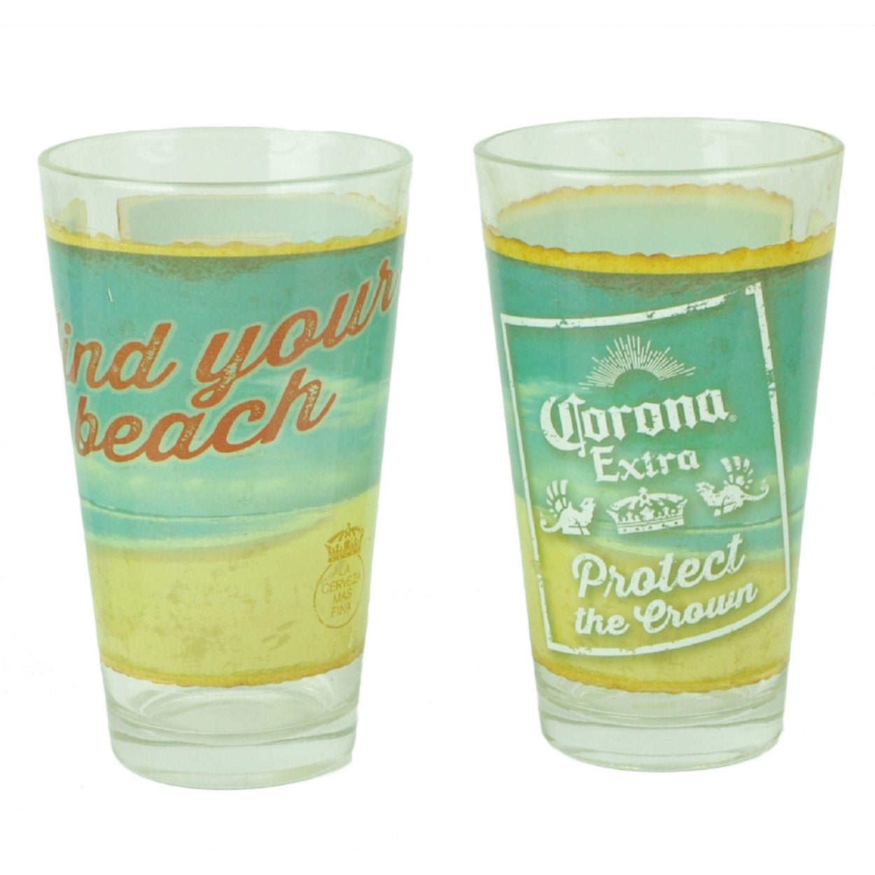 Corona Extra Find Your Beach Pint Glasses Set of 2 16oz Beer La Cerveza Mas Fina