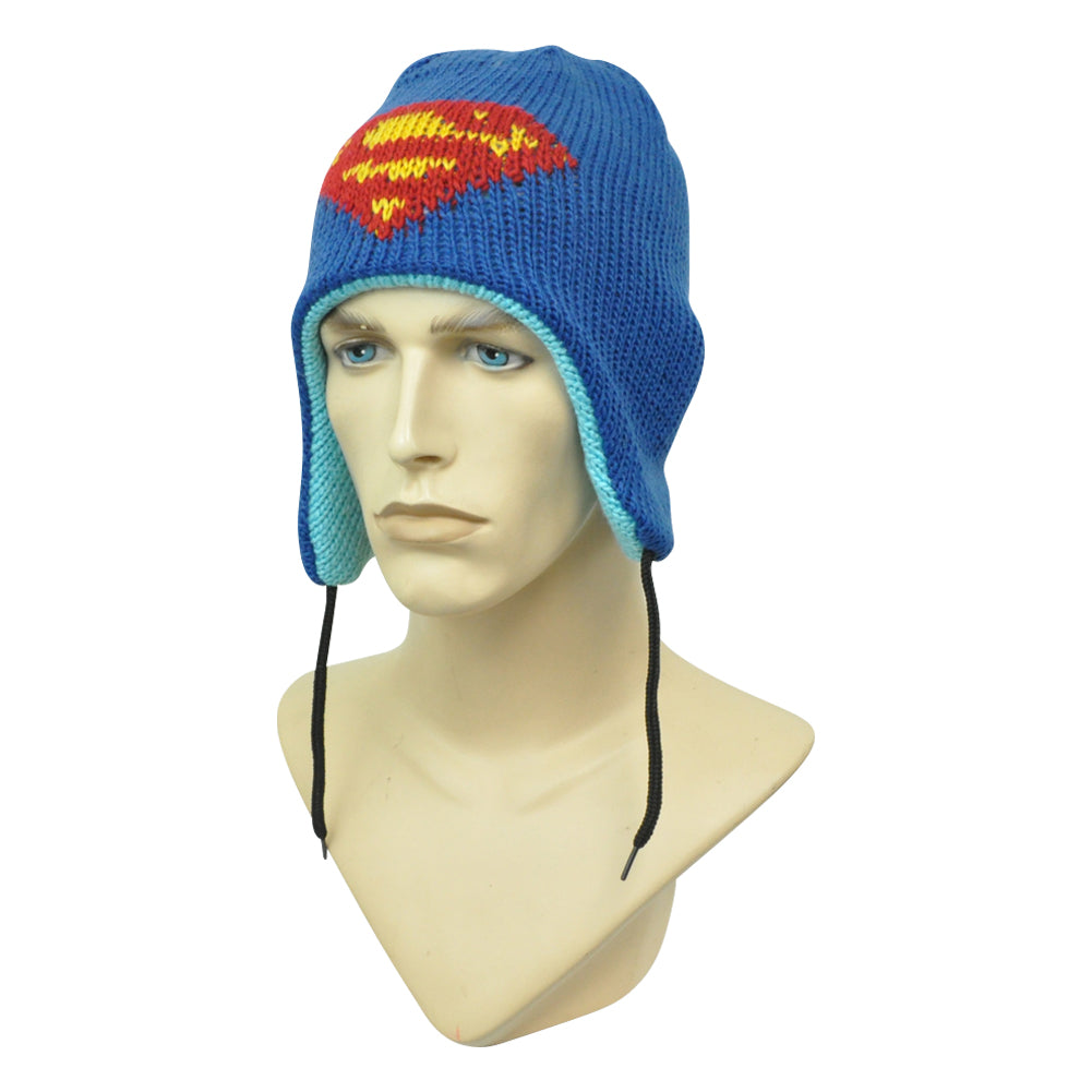 Reversible Superman Superhero Peruvian Beanie Ear Flap Knit DC Comics Crochet