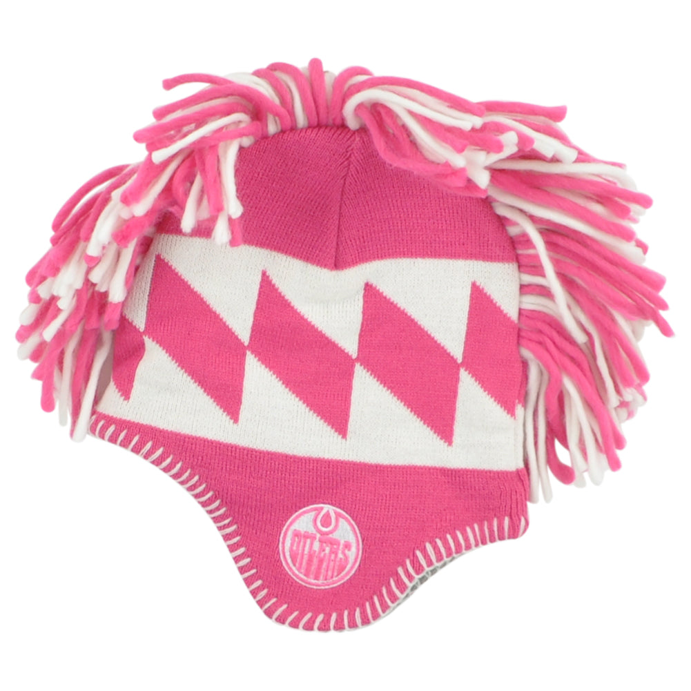 NHL Apparel Edmonton Oilers Girls Youth Pink Mohawk Ear Flaps Knit Beanie Hat