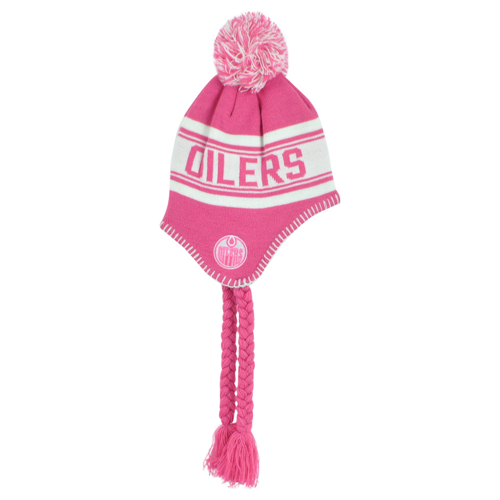 NHL Apparel Edmonton Oilers Kids Youth Pink Tassel Ear Flaps Knit Beanie Hat