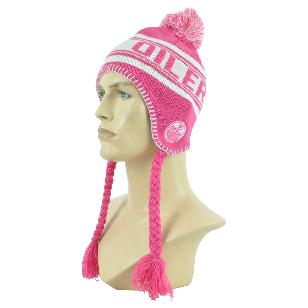 NHL Apparel Edmonton Oilers Kids Youth Pink Tassel Ear Flaps Knit Beanie Hat