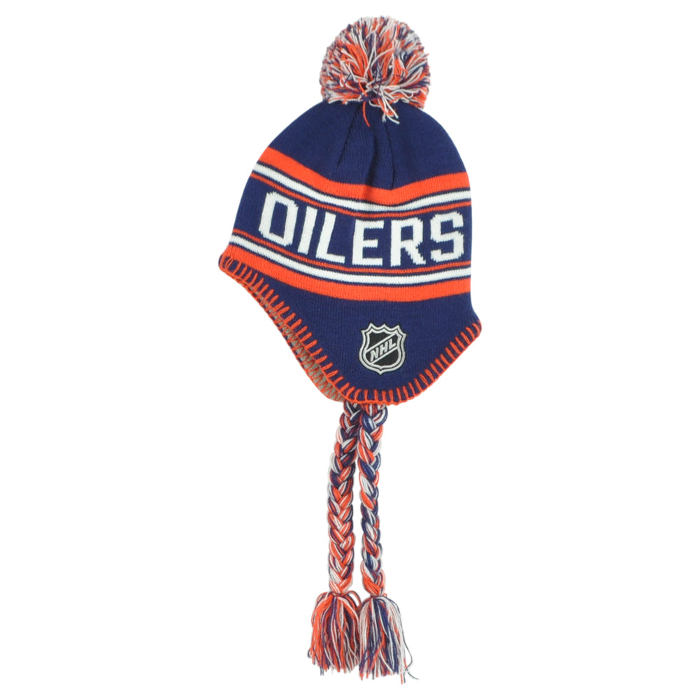 NHL Apparel Edmonton Oilers Kids Youth Alpine Tassel Ear Flaps Knit Beanie Hat