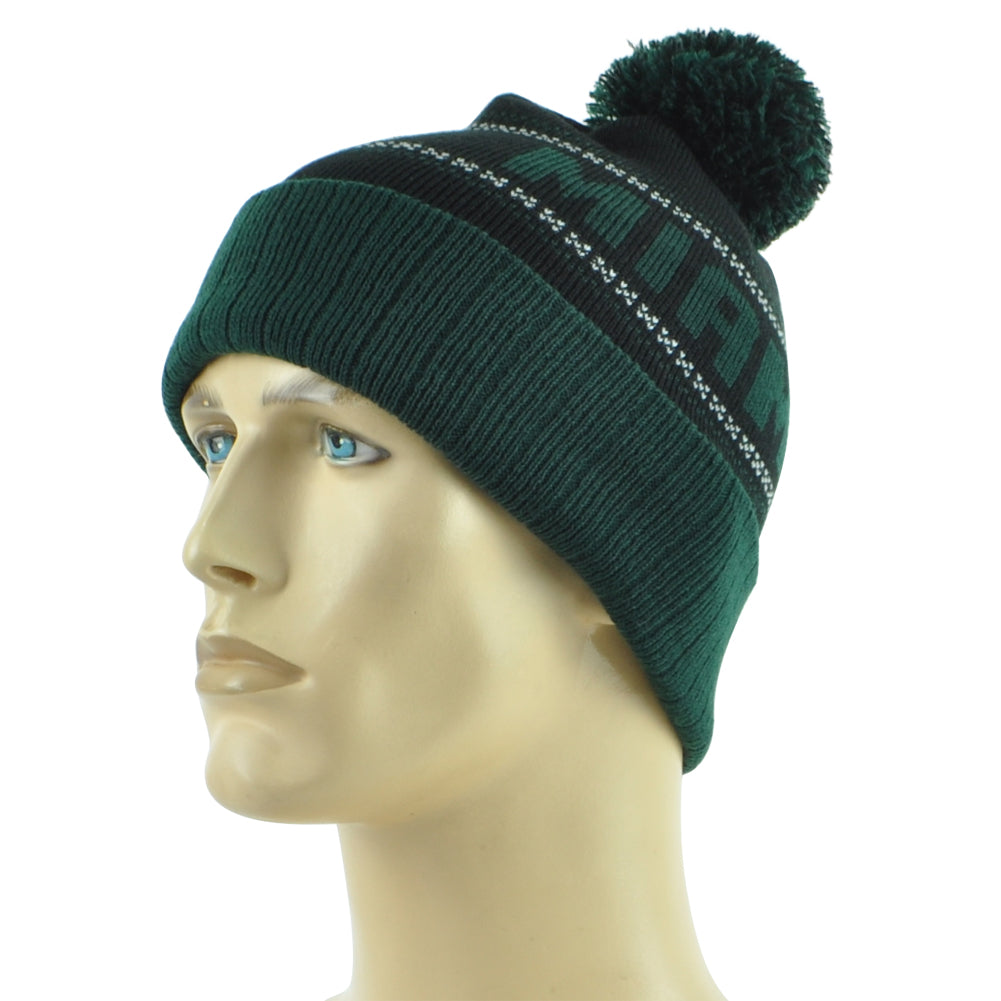 NCAA Miami Hurricanes Kids Youth Black Pom Pom Winter Cuffed Knit Beanie Hat