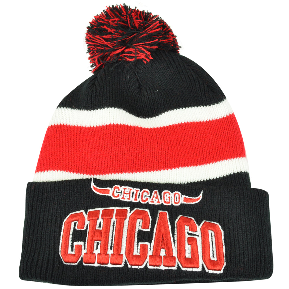 Chicago City Chi Town Striped Black Cuffed Red Beanie Pom Pom Knit Winter Hat