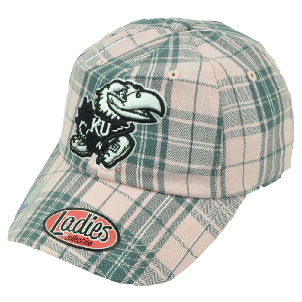NCAA Kansas Jayhawks Ladies Womens Plaid Pink Gray Hat Cap Relaxed Slouch KU