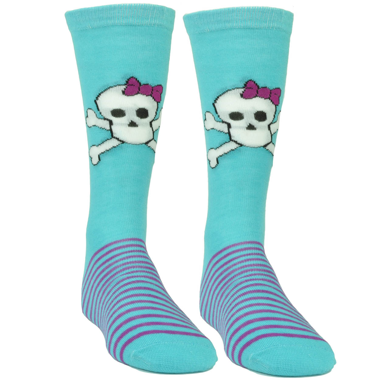 Pink Cookie Design Skull Graphic Aqua Purple Striped Long Socks Size 6-12 Womens
