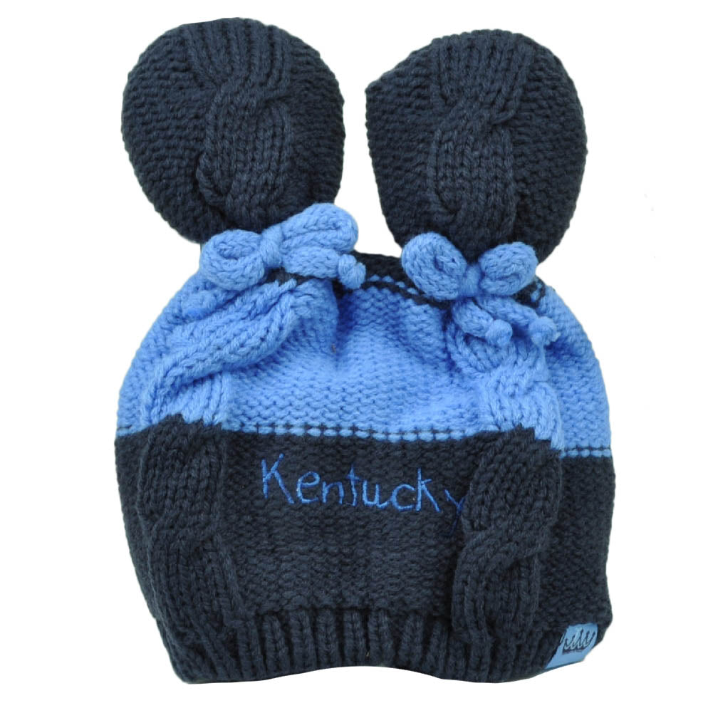 Kentucky State Infant Striped Knit Beanie Navy Blue Crochet Ear Ball Hat USA
