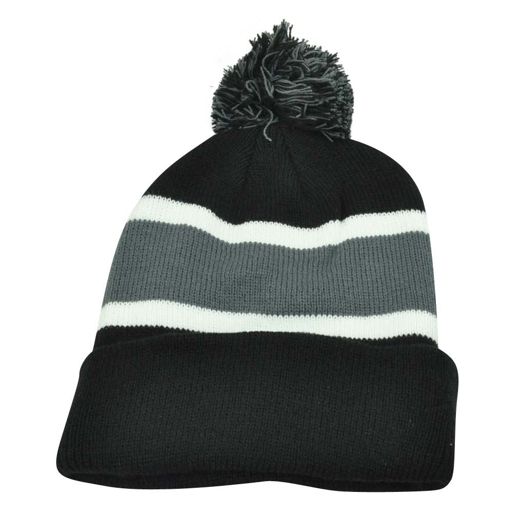 Plain Blank Striped Cuffed Beanie Pom Pom Knit Skully Toque Navy Blue Grey Hat